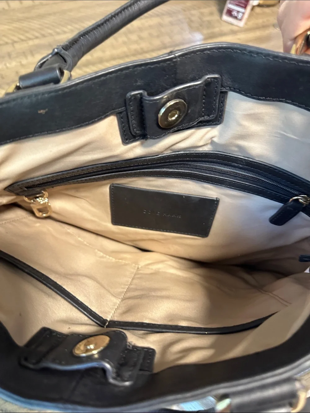 Cole Haan Black Leather Brief Tote with Front Zip Pocket